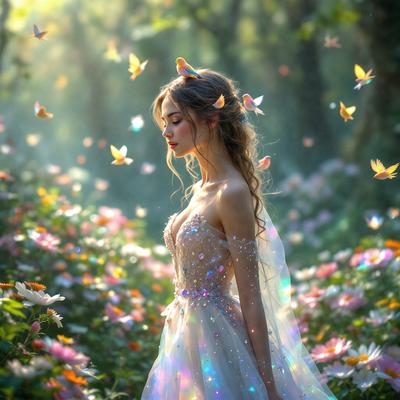 The primary subject of the image is a woman wearing a white dress, standing in a field filled with flowers. The setting is a lush, colorful garden with a variety of flowers, creating a vibrant and serene atmosphere. The visual style of the image is a combination of photo and digital art, with the woman's dress and the flowers appearing to be digitally enhanced. The colors and mood of the image are predominantly white and pastel, giving it a soft and dreamy quality.